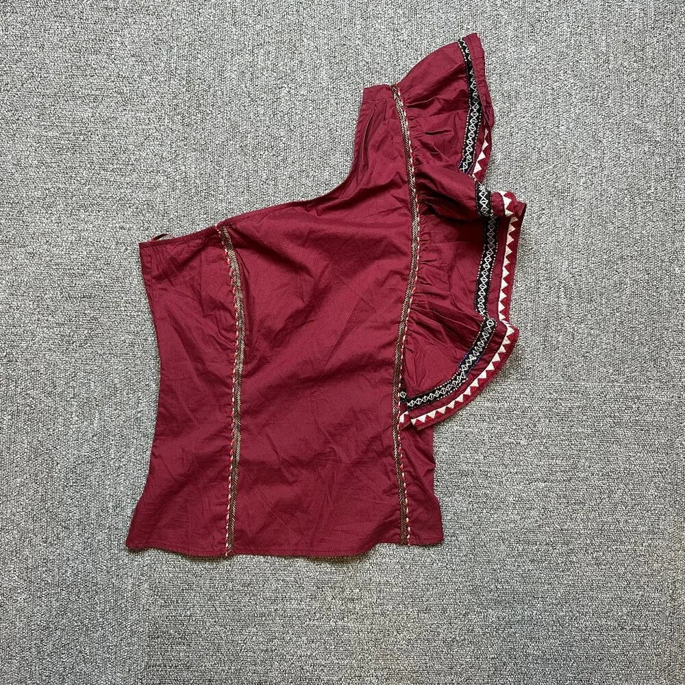 LoveShackFancy One Shoulder Ruffle Sleeve Top Maroon Red Size 0 - X-Small